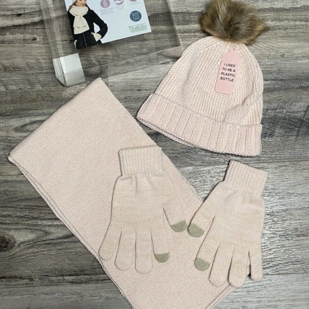 Serra Ladies 3pc. Set Hat, Gloves & Scarf Winter Gift Set Pink/ Gold